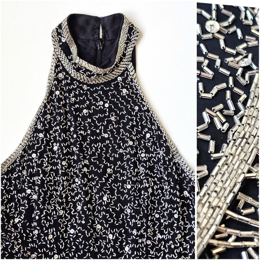 A.J. Bari Petites Silk Hand Beaded Fringe Cocktail Dress Black Silver Gatsby 20s - Picture 3 of 15